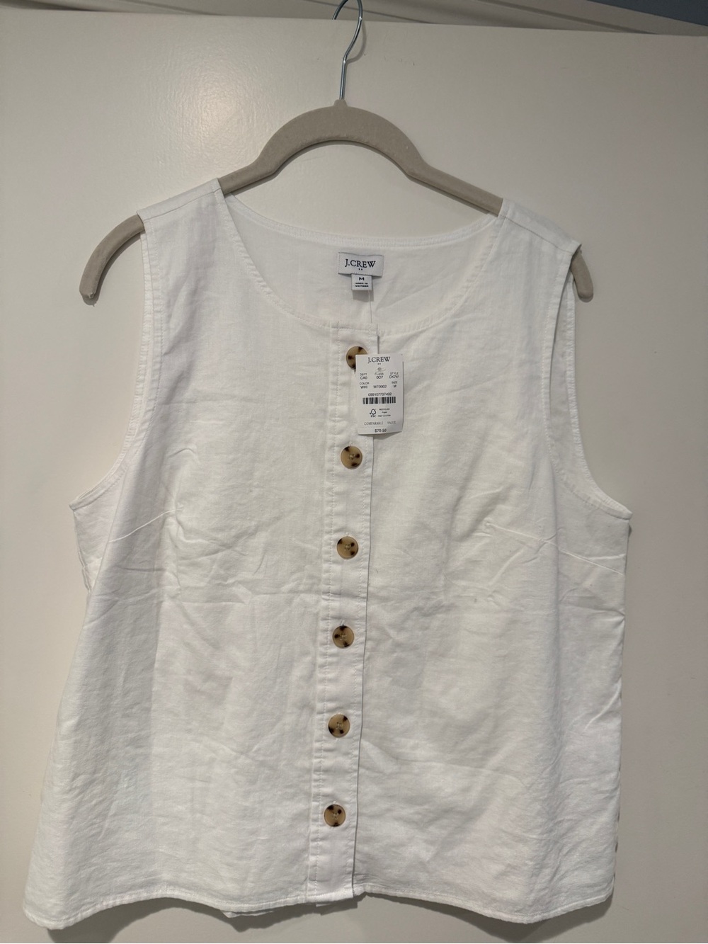NWT J. Crew White Linen-Blend Button Front Tank